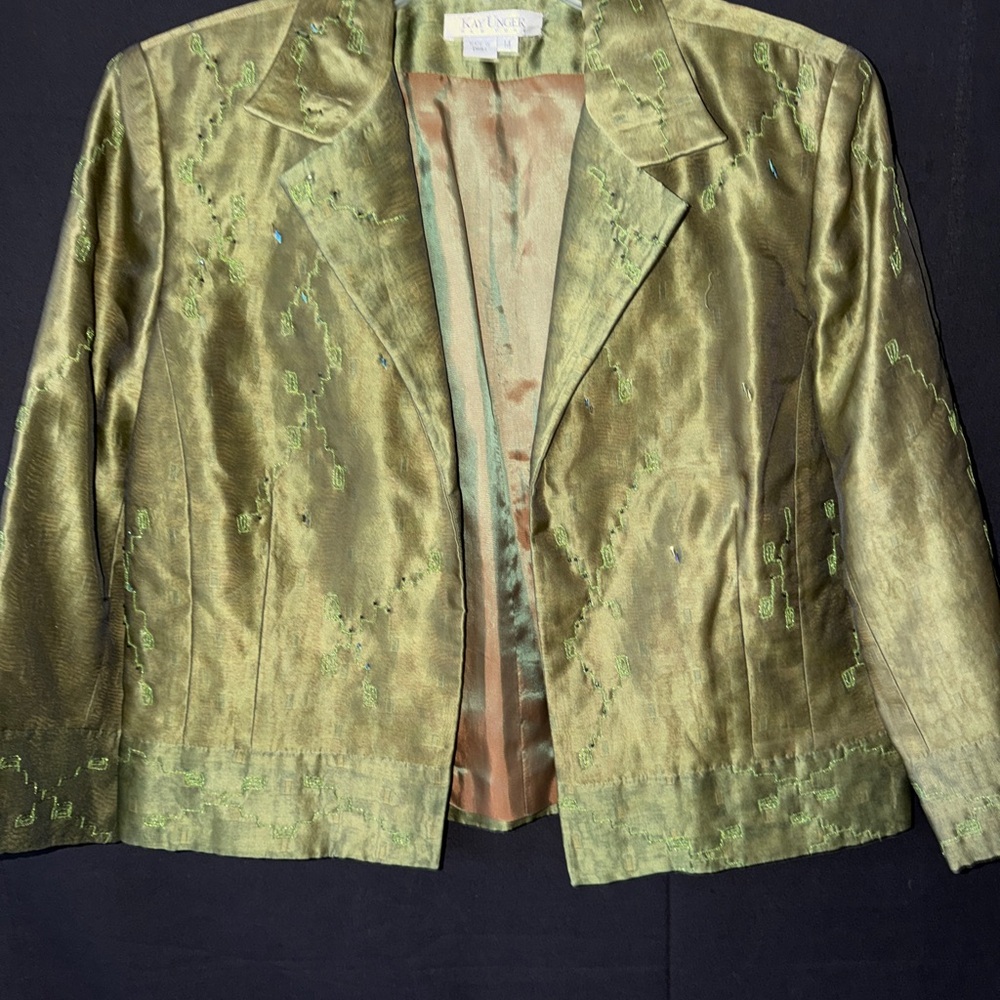 Kay Unger New York Green Shimmer Evening Jacket Blazer Women Size 14 Beaded